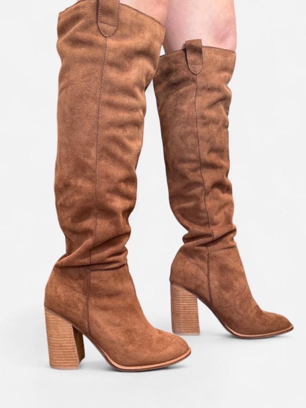Mi.iM Tall Suede Slouched Block Heel Boots - Brown / Tan / Cognac